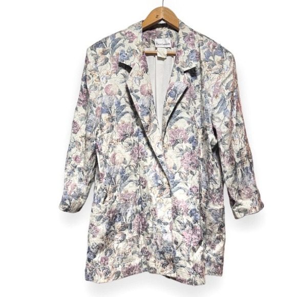Vintage 80s Pierre Lamonte Floral Metallic Jacquard Blazer Womens Size XL Spring - Picture 1 of 16